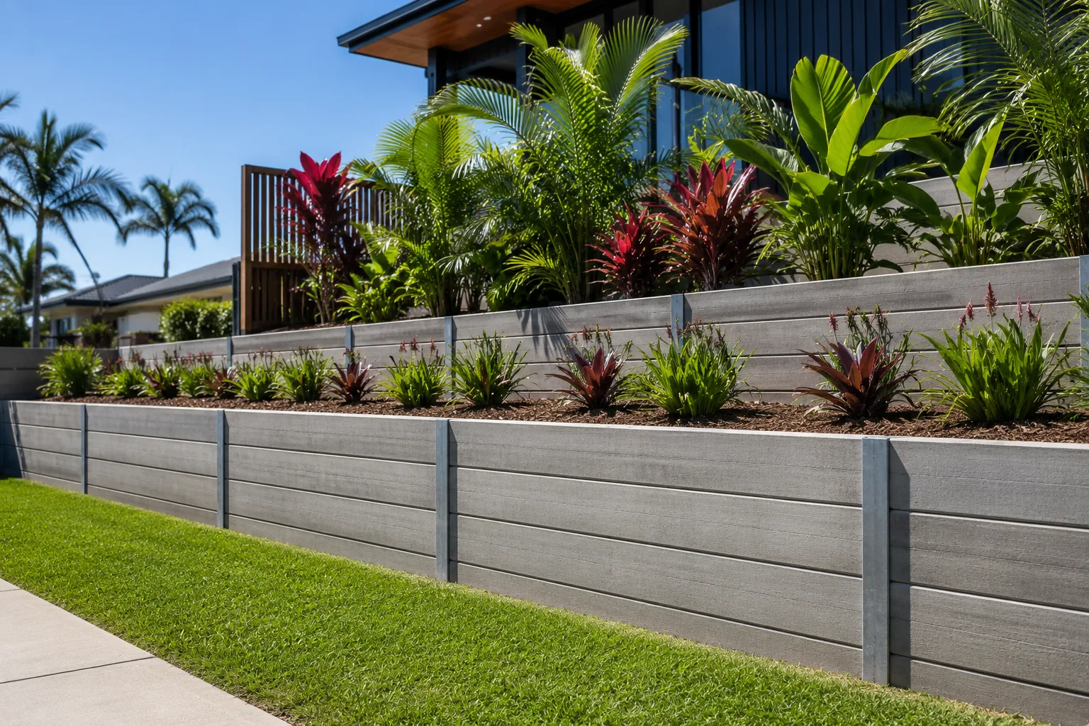 Grey concrete sleeper retaining wall with a tropical garden bed above a lawn
