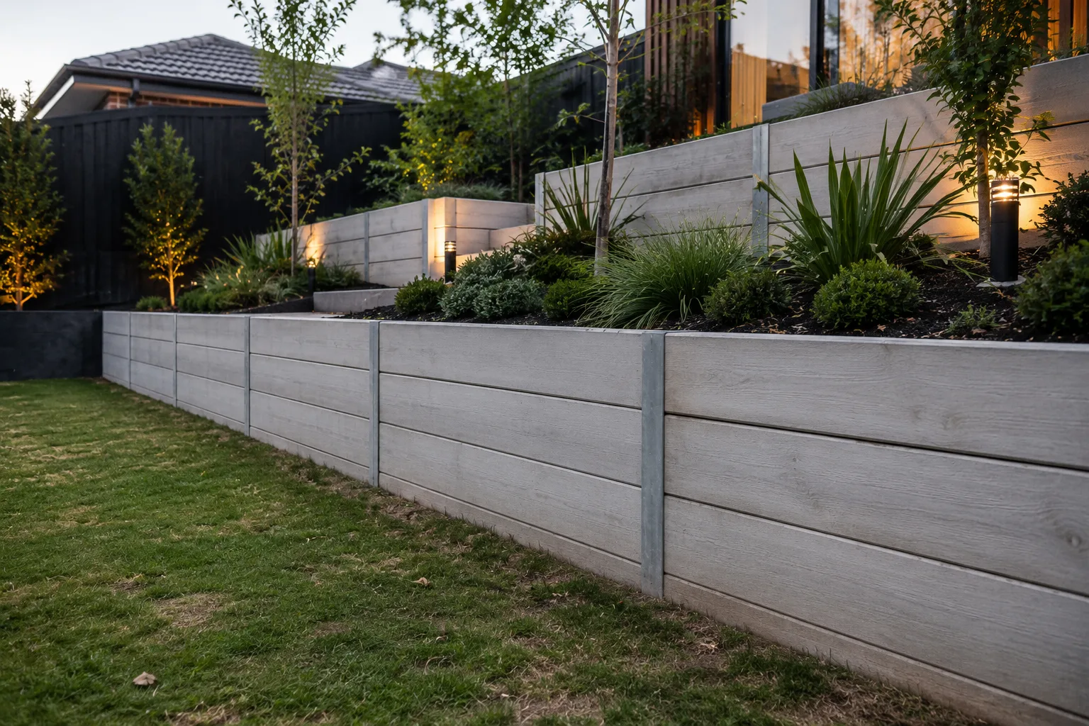 Grey concrete sleeper retaining wall holding a raised garden bed
