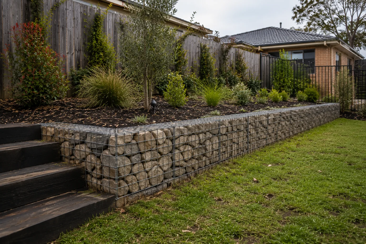 Gabion stone retaining wall with steps beside a lawn