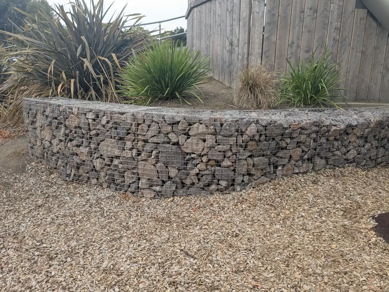 Curved gabion stone retaining wall with native plants