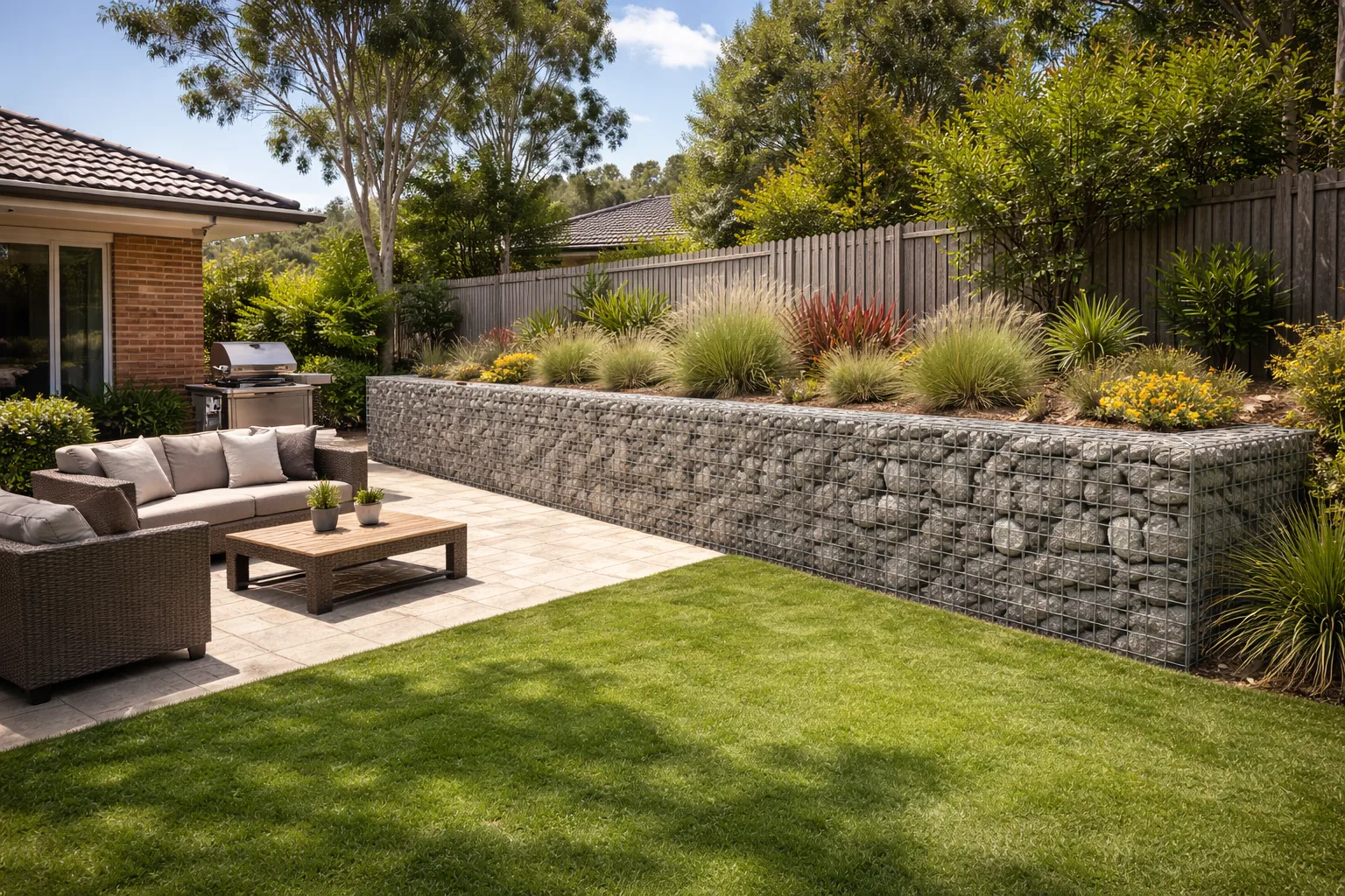 Gabion stone retaining wall beside a backyard lawn and patio