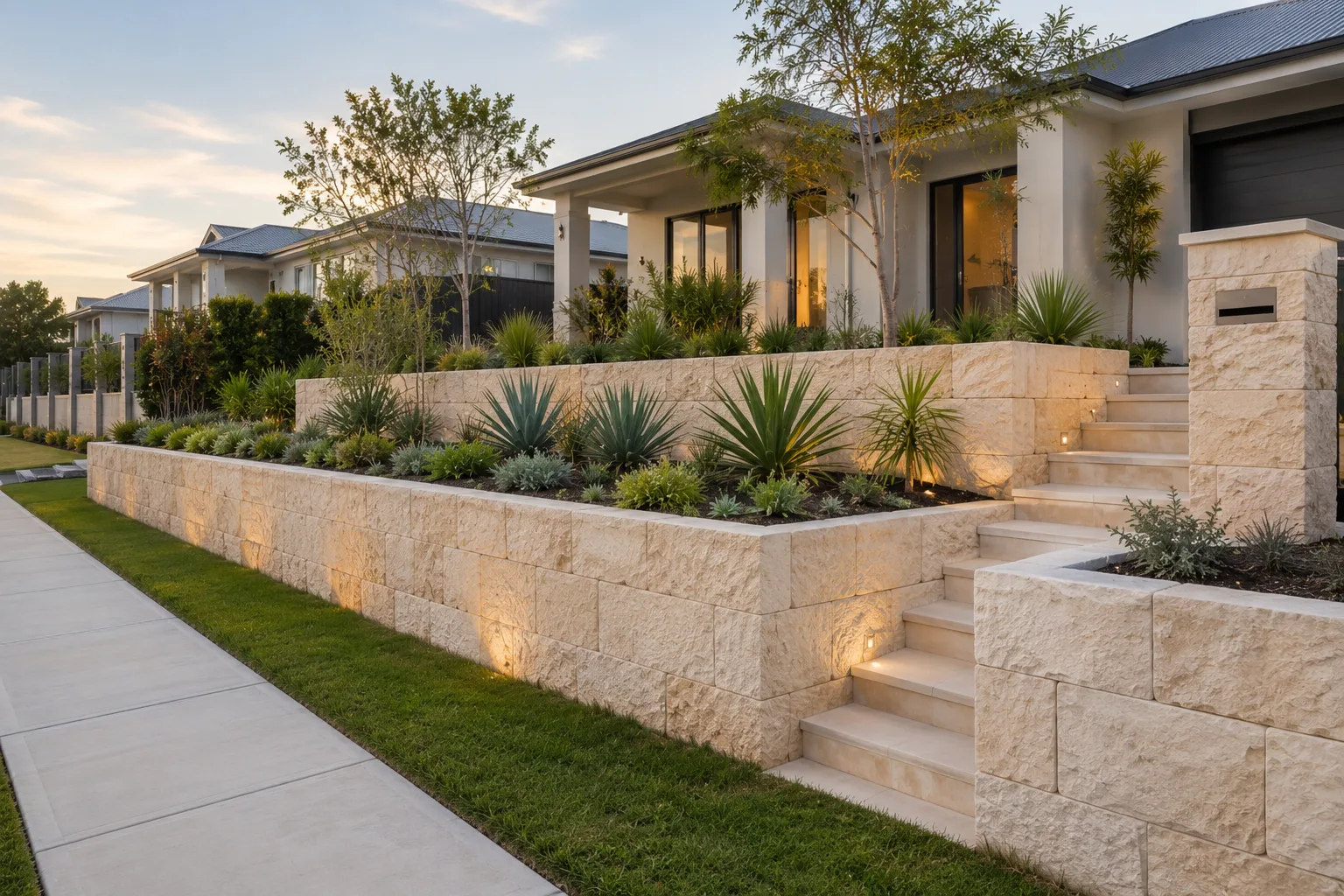 Lit limestone retaining walls and steps along a front garden