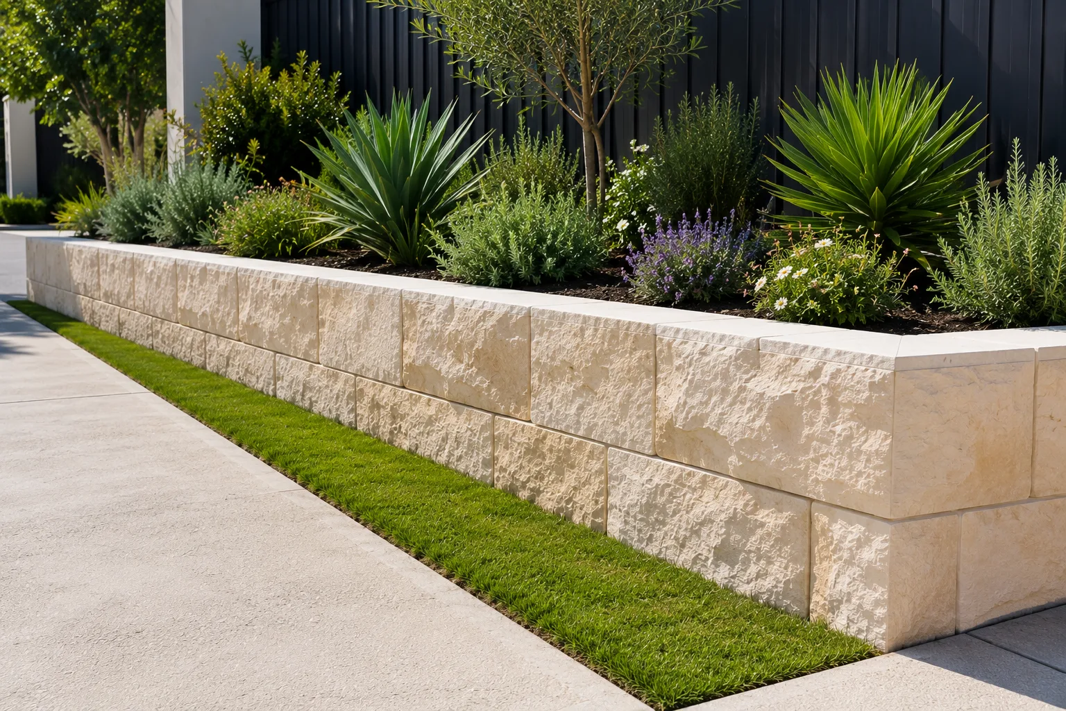 Limestone block retaining wall with a planted garden bed