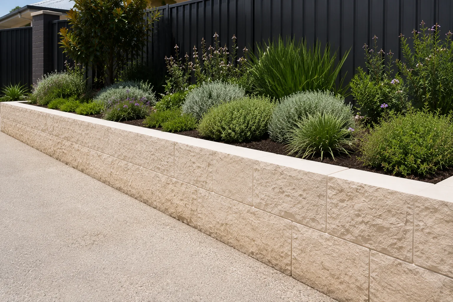Limestone block retaining wall beside a concrete path