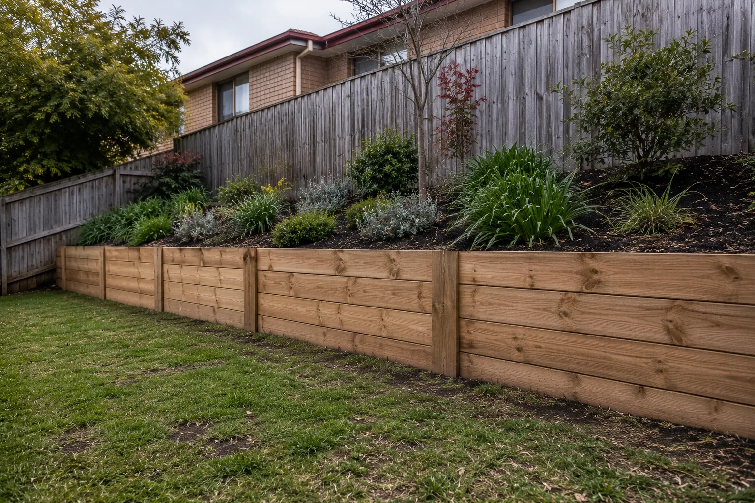 Timber sleeper retaining wall holding a garden bed beside a lawn