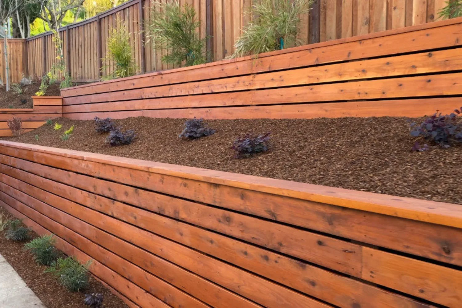 Stained hardwood timber retaining walls forming terraced garden beds