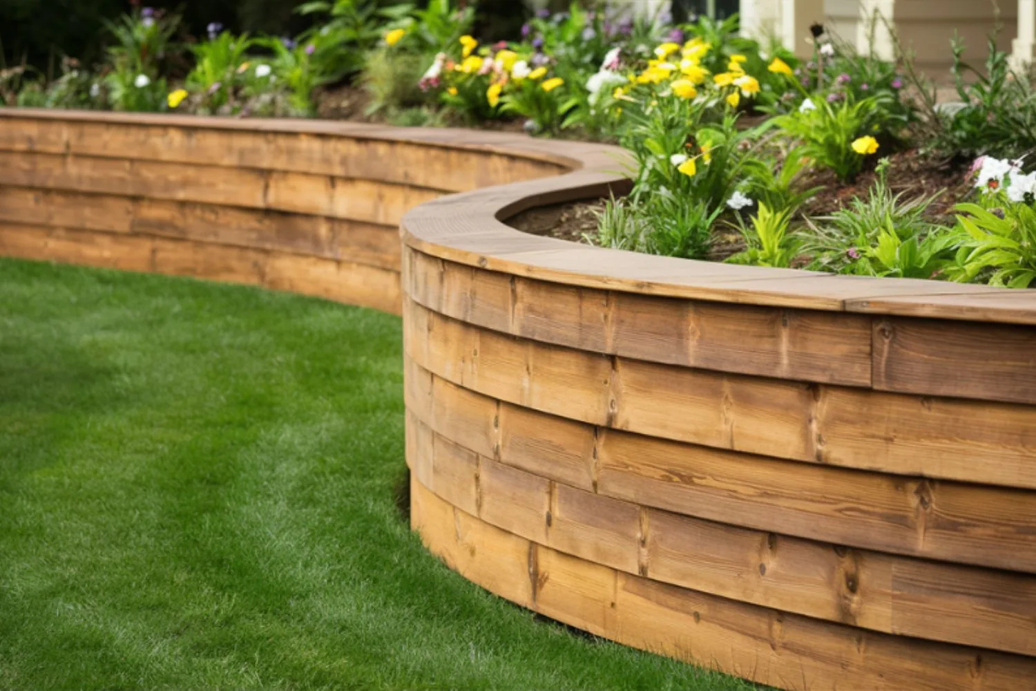 Curved timber retaining walls around a flower garden