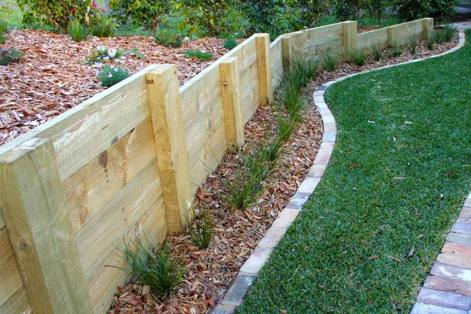 Treated pine retaining wall beside a curved lawn path
